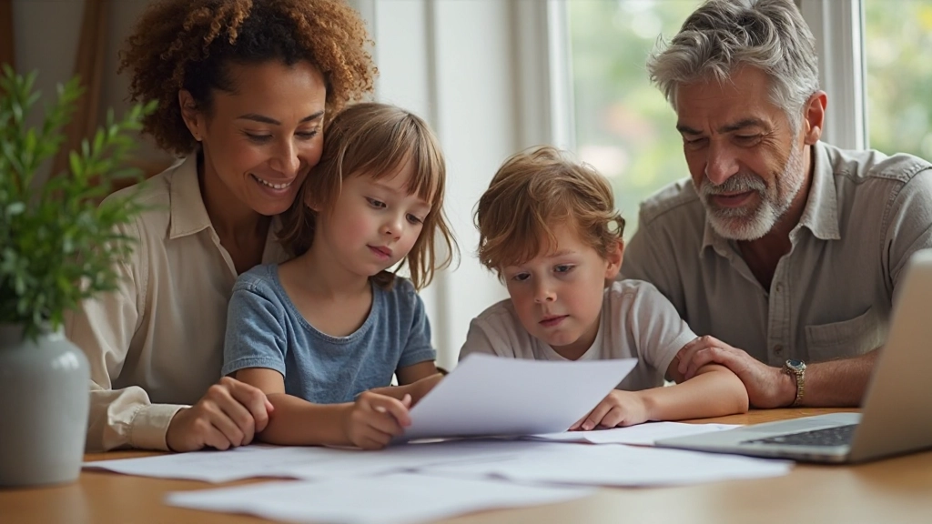 Семья обсуждает финансовые планы с документами и ноутбуком