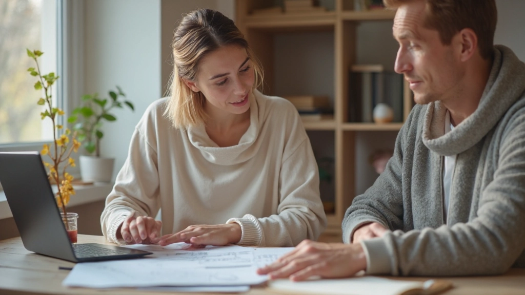 Семья планирует бюджет с помощью ноутбука и документов на столе