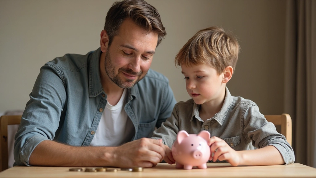 Молодой отец помогает сыну разбираться с копилкой и деньгами