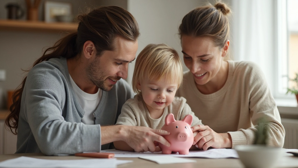 Родители обучают детей финансовой грамотности, объясняя концепции денег с помощью копилки