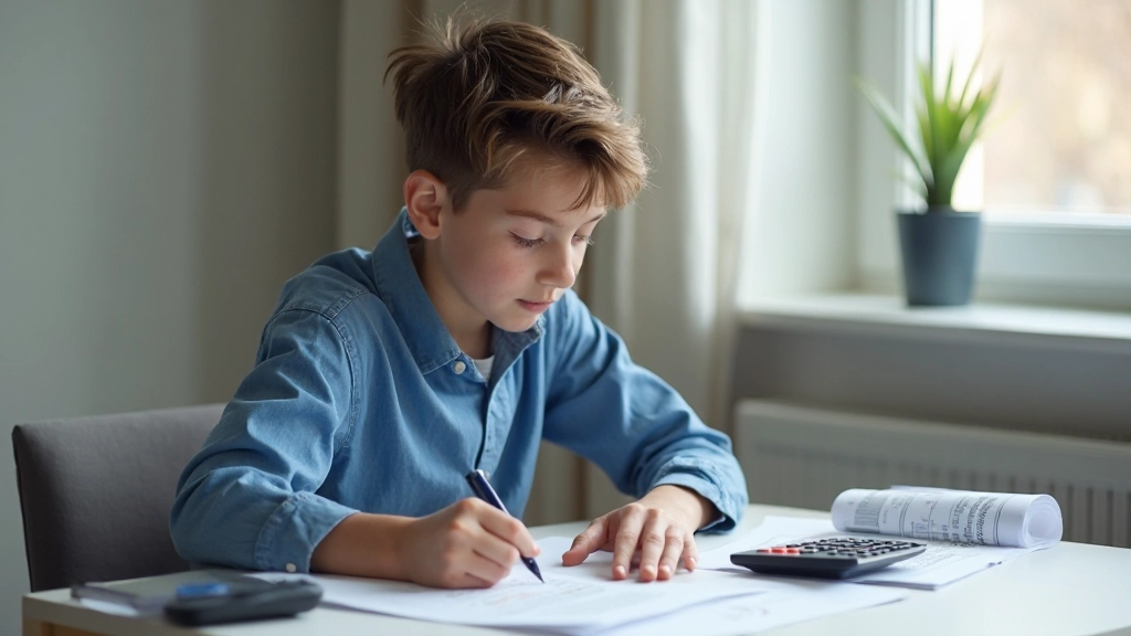 Подросток ведёт финансовый дневник с калькулятором и графиками доходов