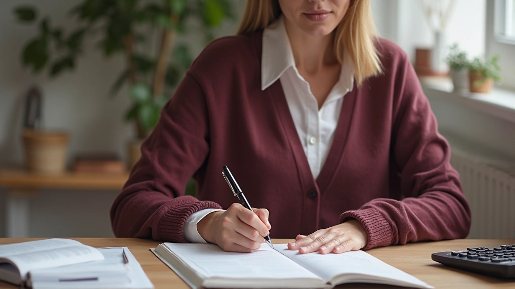 Женщина записывает расходы в планировщик и калькулятор на столе