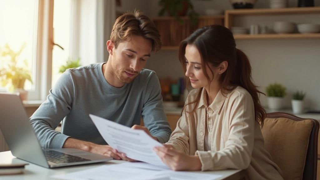 Молодая семья планирует бюджет за столом с ноутбуком и документами