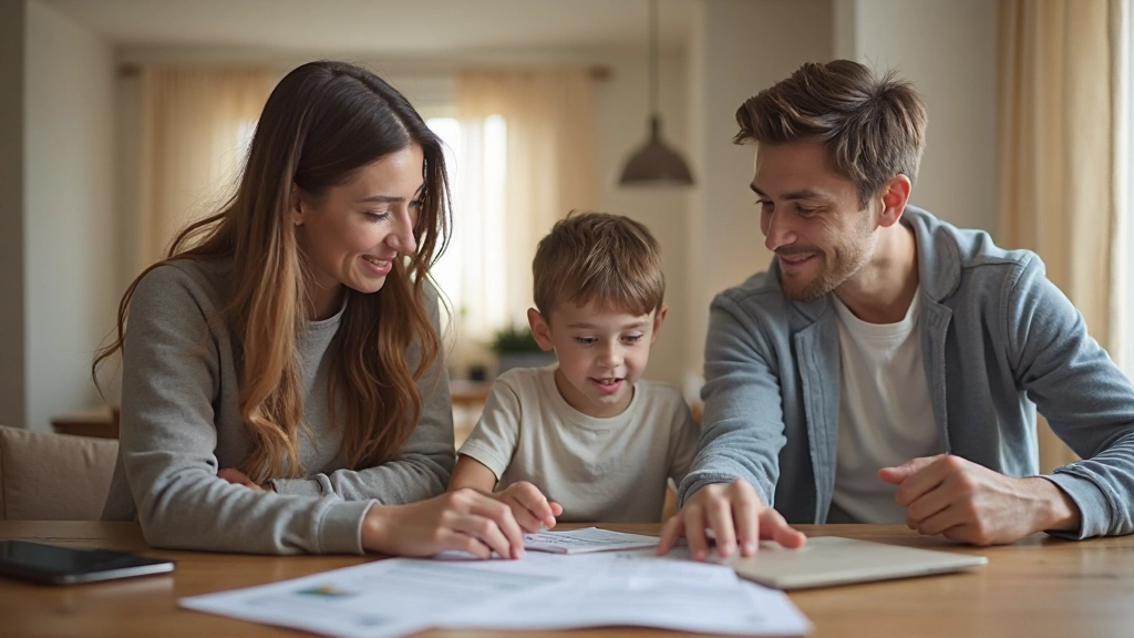 Молодая семья планирует семейный бюджет вместе за столом с финансовыми документами и ноутбуком